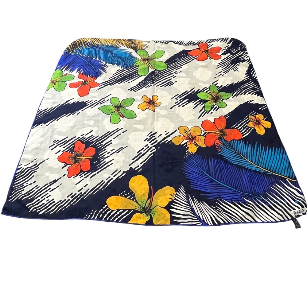 Vintage Bally 100% Silk Blue Tropical Floral Silk Square Headscarf Italy Square